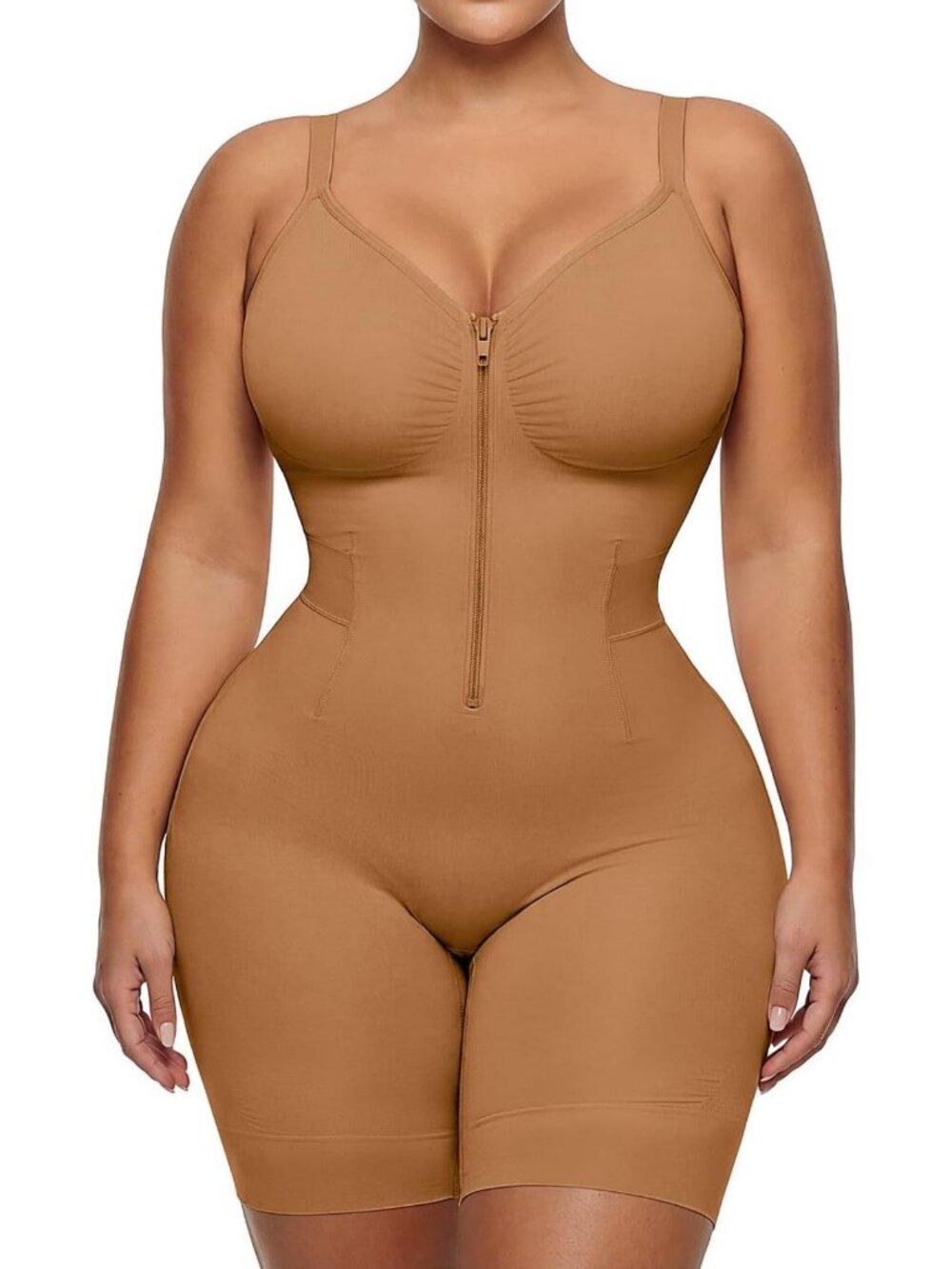 Seamless Tummy Control Bodysuit for Women - Mid-Thigh Shapewear, Easy Front-Zip